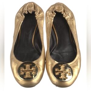 Tory Burch Metallic Gold Reva Leather Flats. Size: 8.